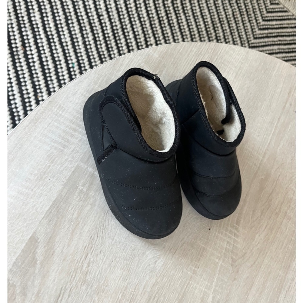Kids Black Puffer Ankle Boots Faux Shearling Lined Quilted Winter Shoes 8" Sole